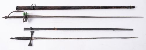 An 18th century mourning sword: the straight tri-form blade with etched decoration to ricasso over