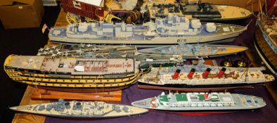 A collection of various kit built model ships: including a part built HMS Victory with box and