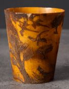 A Georgian horn beaker with shooting decoration: incised with a gentleman with fowling gun and two