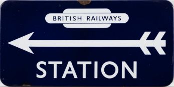 A BR(E) enamel station direction sign 'Station': with British Railways totem and left facing
