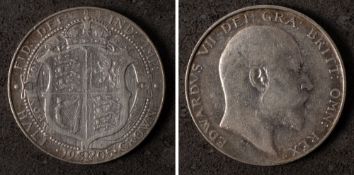 A rare Edward VII 1905 silver halfcrown: (better than average condition)