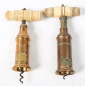 Two late 19th century brass barrelled Thompson pattern bone handled corkscrews: each with armorial