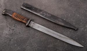 A WWII period German S84/98 bayonet: straight single edge fuller blade stamped '44fzg' and '2709C'