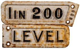 A GCR cast iron gradient sign '1 in 200': together with a cast iron 'Level' sign