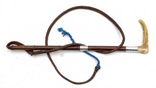 A silver mounted antler handled hunting whip by Swaine & Adney: the leather shaft with two silver