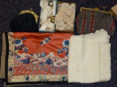 A small group of miscellaneous textiles: including a Chinese embroidered silk panel, a fan,