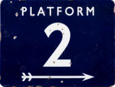 A BR(E) enamel station sign 'Platform 2': with right pointing arrow beneath, flanged edges,