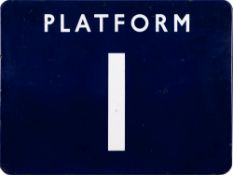 A BR(E) enamel station sign 'Platform 1': flanged edges,
