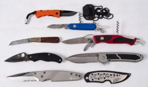 Two boxed Wenger Swiss Army pocket knives: together with three Columbia River pocket knives,