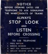 A BR(E) enamel crossing notice: white text on blue ground with instructions for contacting