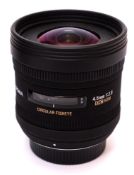 A Sigma 4.5mm f2.8 EX DC circular fish eye lens in original box and bag.