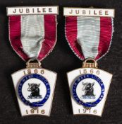 Two cased silver gilt and enamel Masonic Jubilee jewels for Metham Mark Lodge No.