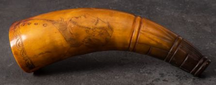 An early 19th century horn ear trumpet: hand decorated with portraits of a man and a woman,