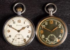 A Military issue Helvetia open face pocket watch: with arabic numerals and white enamel dial,