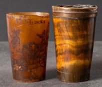 A Georgian horn beaker with coaching decoration: incised 'J Muncey' over a four horse team mail