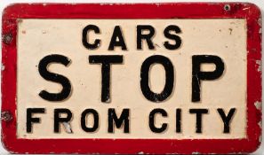 A cast aluminum double sided bus sign (Sheffield City Bus) 'Cars Stop From City':, 31 x 54cm.
