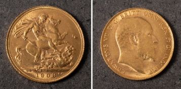 A 1908 Edward VII sovereign.