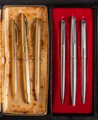 A cased Parker 45 three piece stainless steel pen set: together with gold plated Sheaffer