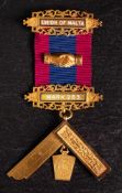 A Victorian 18ct gold 'Union of Malta' Masonic jewel: with blue and burgundy ribbon,