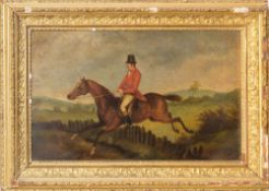 Manner of Herring - Huntsman on a chestnut horse, taking a fence,:- oils on metal, 26 x 43cm.