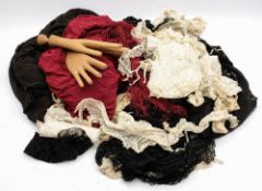 A small collection of late 19th/early 20th century lace and textiles: including a burgundy silk