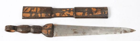 A Middle Eastern leather cased dagger: the triangular double edged blade with geometric crescent