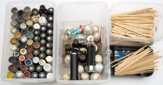 A collection of various modelling tools, accessories and decals etc: including a mini pillar drill,