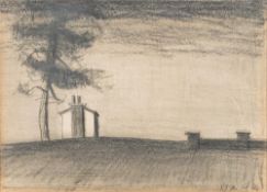 * Julian Dyson [1936-2003]- Cottage and fir tree,:- signed and dated pencil drawing, 18 x 24cm.