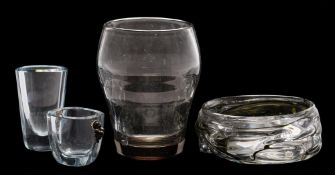 Four pieces of art glass: comprising a Powell & Sons Whitefriars 'knobbly' bowl,