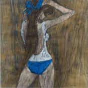 * Alastair Michie [1921-2008]- Girl with a Blue Ribbon,:- signed, mixed media, 28.5 x 28.5cm.