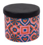 Dorlston Designs Ltd, a black leatherette and bright fabric footstool box, 31cm high.