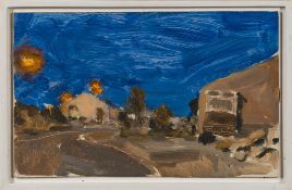 * Danny Markey [b.1965]- Buildings and Sun,:- oil on board, 18 x 29cm.