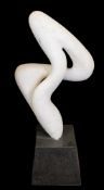 A white marble 'free-flow wave' sculpture,: on tapering block base, 89cm high (small chip).
