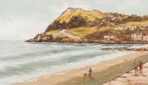 * Tom Cullen [1934-2001]- View across a bay, walkers and bathers in the foreground,