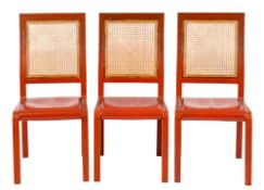 By John Makepeace, a set of eight tan leather covered dining chairs,