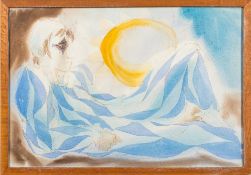 * Peter Campbell [1931-1989]- Harlequin figure reclining,:- signed, watercolour, 37 x 55cm,