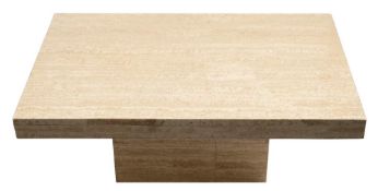 A Travertine rectangular coffee table: raised on a pedestal base, the top 91.