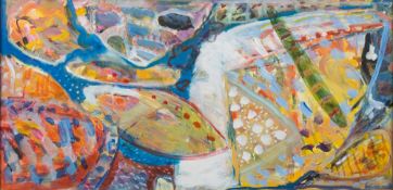 * Camilla Nock [b.1944]- Abstracts,:- two one signed, mixed media on paper each 36 x 74cm.