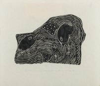 * Leah Qumaluk [1934-2010]- Owl walking About Searching for Lemmings,:- linocut, inscribed,