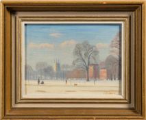 * Stephen Codner [20th Century]- Clapham Common Under Snow,:- oil on board, 14 x 19cm,