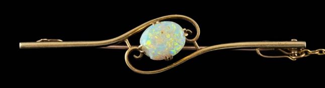 An opal single-stone bar brooch: the reverse stamped '15ct', approximately 4gms gross weight.