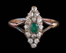 An emerald and diamond marquise shaped cluster ring: between splayed shoulders, ring size L.