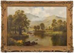 Henry Cooper [19/20th Century]- Cattle watering in a Highland landscape,