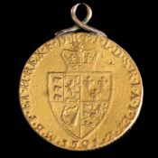 A George III spade guinea dated 1791, mounted as a pendant.