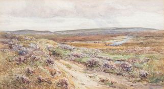 Charles Brooke Branwhite [1851-1929]- Travellers on a moor,:- signed, watercolour, 24 x 43cm.