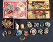 A collection of costume brooches: to include an enamelled butterfly brooch,