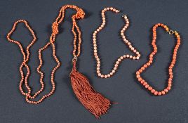 A coral bead, single-string necklace on bolt ring clasp,