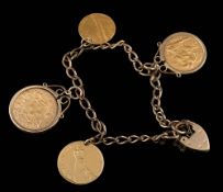 A gilt metal bracelet with four attached coins: a half sovereign dated 1904,