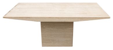 A travertine garden or conservatory dining table:, the rectangular top on a pedestal base,