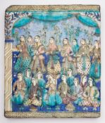 A large Qajar relief-moulded tile: depicting a court scene with two rows of female figures under a
